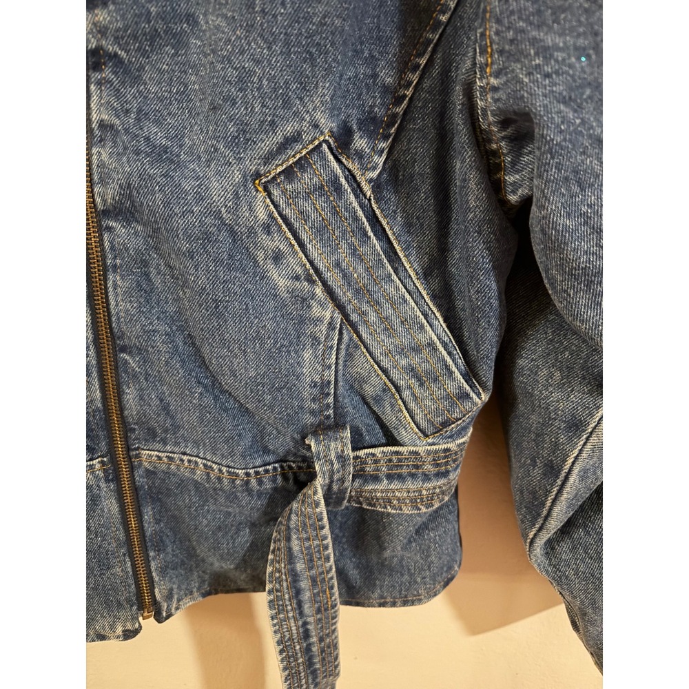 Y2K NY 10018 Denim Jacket Leopard Faux Fur Collar Quilted Lined Blue Zip Up - Picture 2 of 5